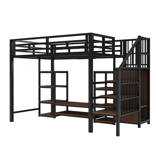 Cama alta 90x200 com suporte para TV, tomada e escada de segurança - Combinação metal-madeira, preto