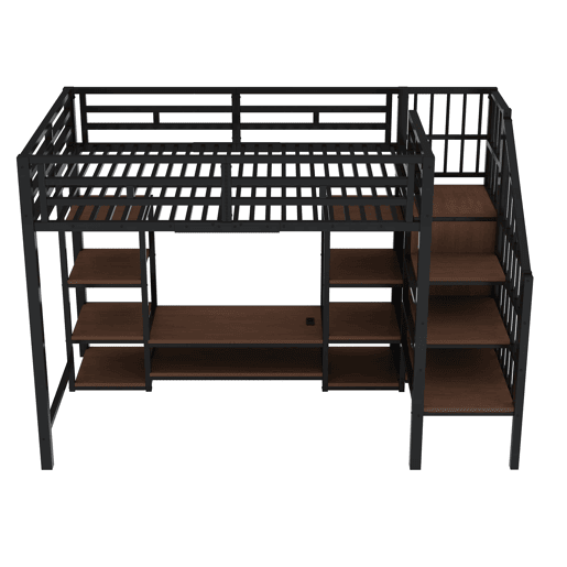 Cama alta 90x200 com suporte para TV, tomada e escada de segurança - Combinação metal-madeira, preto