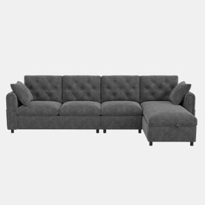 Sofá moderno de veludo 281x86x71 cm - Com arrumação, braço com bolsos, encosto com botões - Cinza