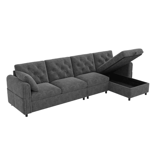 Sofá moderno de veludo 281x86x71 cm - Com arrumação, braço com bolsos, encosto com botões - Cinza