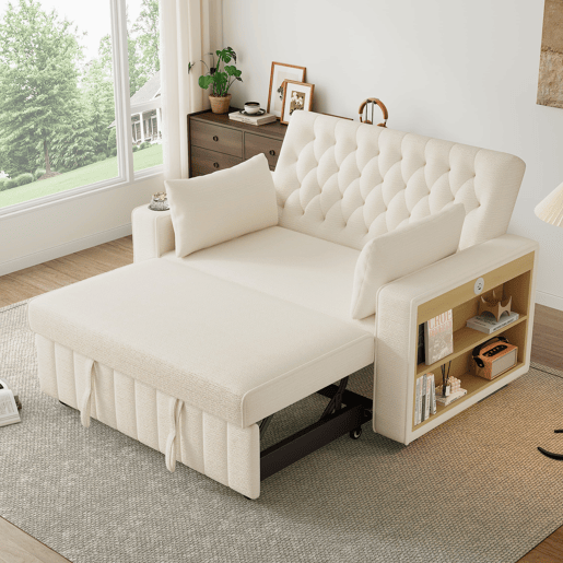 Sofá-cama multifuncional de 2 lugares - com arrumação, porta-copos, porta USB, almofadas - Bege