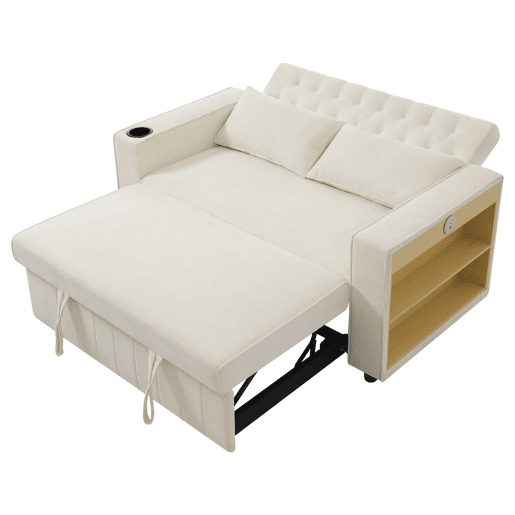 Sofá-cama multifuncional de 2 lugares - com arrumação, porta-copos, porta USB, almofadas - Bege