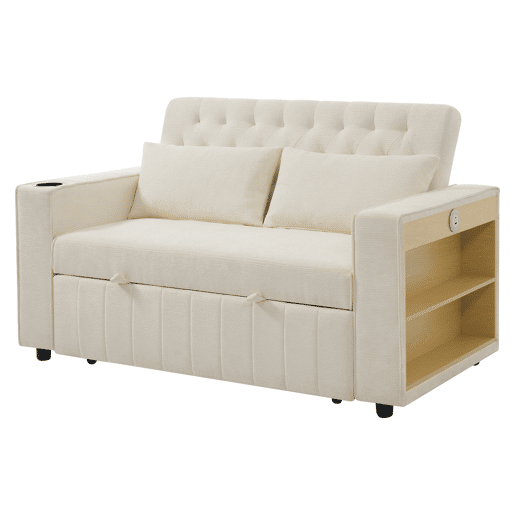 Sofá-cama multifuncional de 2 lugares - com arrumação, porta-copos, porta USB, almofadas - Bege