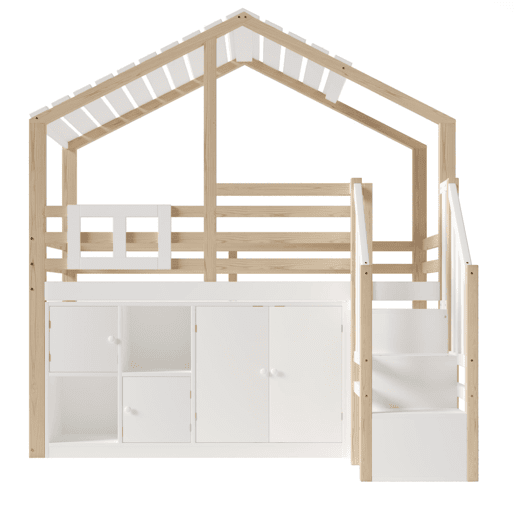 Cama loft 90x200 cm - Em forma de casa, barreira de cama, vários compartimentos, escada de arrumação, janela - Branco + Natural Cama loft 90x200 cm - Em forma de casa, barreira de cama, vários compartimentos, escada de arrumação, janela - Branco + Natural