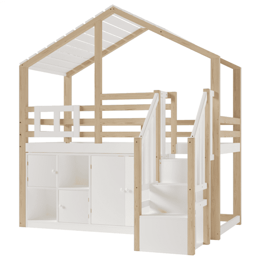 Cama loft 90x200 cm - Em forma de casa, barreira de cama, vários compartimentos, escada de arrumação, janela - Branco + Natural Cama loft 90x200 cm - Em forma de casa, barreira de cama, vários compartimentos, escada de arrumação, janela - Branco + Natural