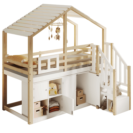 Cama loft 90x200 cm - Em forma de casa, barreira de cama, vários compartimentos, escada de arrumação, janela - Branco + Natural Cama loft 90x200 cm - Em forma de casa, barreira de cama, vários compartimentos, escada de arrumação, janela - Branco + Natural