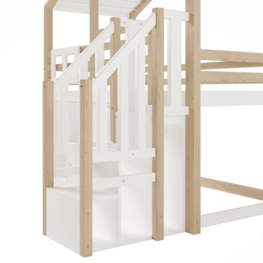 Cama loft 90x200 cm - Em forma de casa, barreira de cama, vários compartimentos, escada de arrumação, janela - Branco + Natural Cama loft 90x200 cm - Em forma de casa, barreira de cama, vários compartimentos, escada de arrumação, janela - Branco + Natural