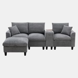 Sofá moderno em forma de L para 4 pessoas - Conversível, com consola, 2 porta-copos, portas USB, cinza