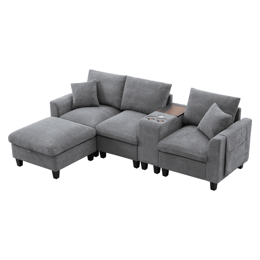 Sofá moderno em forma de L para 4 pessoas - Conversível, com consola, 2 porta-copos, portas USB, cinza Sofá moderno em forma de L para 4 pessoas - Conversível, com consola, 2 porta-copos, portas USB, cinza