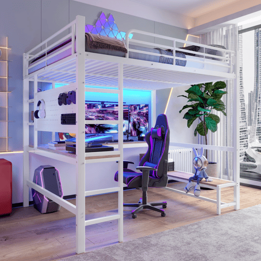 Cama loft 140x200 cm - Secretária, Frigorífico, Escada, USB + Tipo C, LED, Branco