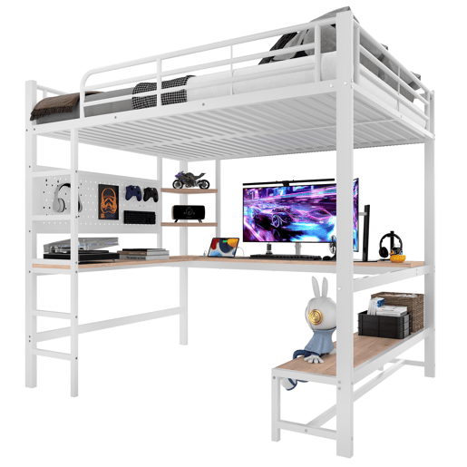 Cama loft 140x200 cm - Secretária, Frigorífico, Escada, USB + Tipo C, LED, Branco