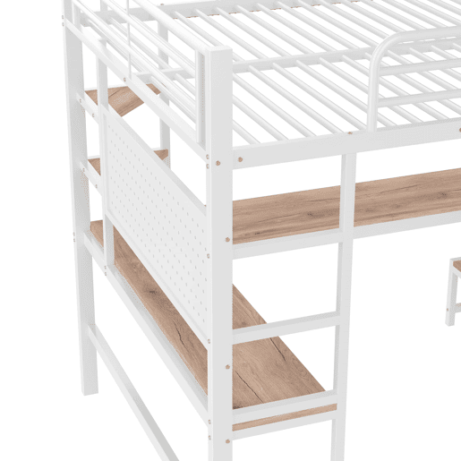 Cama loft 140x200 cm - Secretária, Frigorífico, Escada, USB + Tipo C, LED, Branco