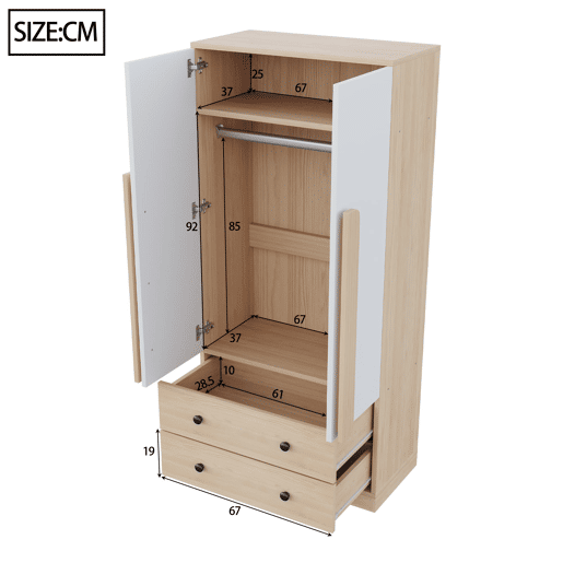 Armário roupeiro 70x40x170 cm - Porta dupla com gavetas e prateleiras - Natural+Branco