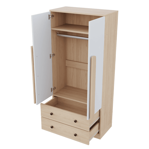 Armário roupeiro 70x40x170 cm - Porta dupla com gavetas e prateleiras - Natural+Branco