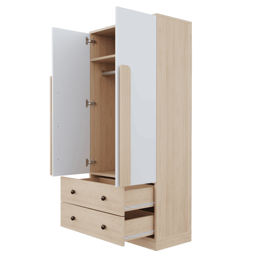 Armário roupeiro 70x40x170 cm - Porta dupla com gavetas e prateleiras - Natural+Branco