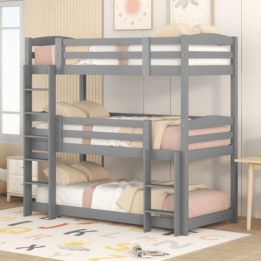 Beliche 90x200 cm - Cama tripla de madeira para crianças - Sem colchão - Cinza
