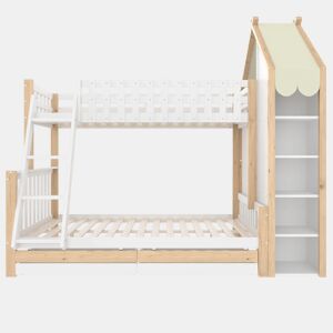 Cama alta 90x200 cm + 140x200 cm - Com grades, escada, 2 gavetas, vedação irregular - Branco + Natural