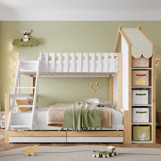 Cama alta 90x200 cm + 140x200 cm - Com grades, escada, 2 gavetas, vedação irregular - Branco + Natural