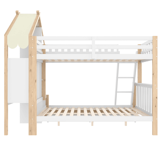Cama alta 90x200 cm + 140x200 cm - Com grades, escada, 2 gavetas, vedação irregular - Branco + Natural