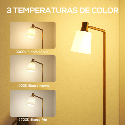 HOMCOM Candeeiro de Pé LED Regulável Candeeiro de Pé Sala Moderno com Ecrã Giratório 350° 3 Temperaturas de Cor 3000K4000K6500K e Lâmpada E27 para Quarto Escritório 45x21x148 cm Branco e Dourado