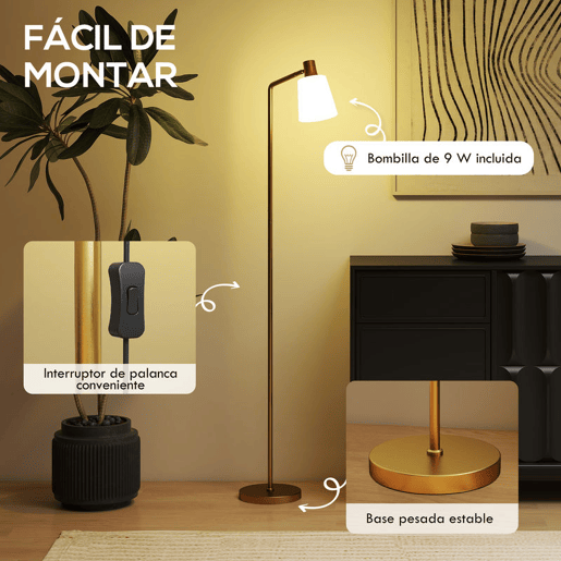 HOMCOM Candeeiro de Pé LED Regulável Candeeiro de Pé Sala Moderno com Ecrã Giratório 350° 3 Temperaturas de Cor 3000K4000K6500K e Lâmpada E27 para Quarto Escritório 45x21x148 cm Branco e Dourado