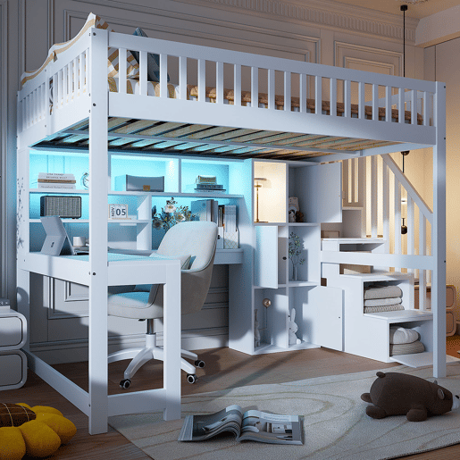 Cama alta 140x200 cm - Com LED, escada com estante, secretária, sem colchão - Branco