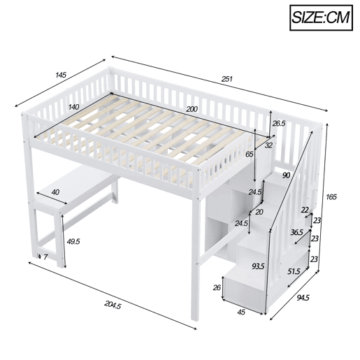 Cama alta 140x200 cm - Com LED, escada com estante, secretária, sem colchão - Branco