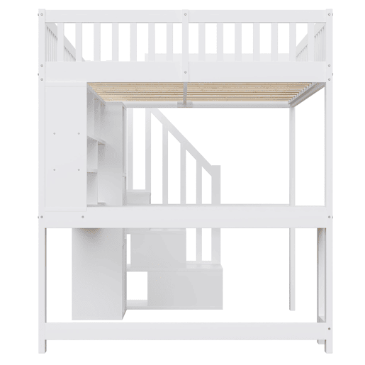 Cama alta 140x200 cm - Com LED, escada com estante, secretária, sem colchão - Branco