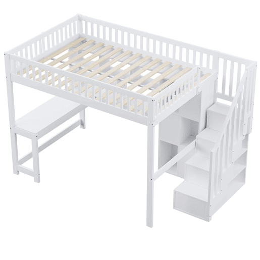 Cama alta 140x200 cm - Com LED, escada com estante, secretária, sem colchão - Branco