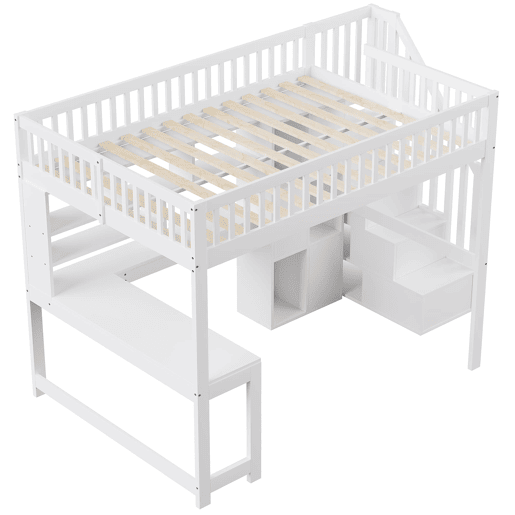Cama alta 140x200 cm - Com LED, escada com estante, secretária, sem colchão - Branco