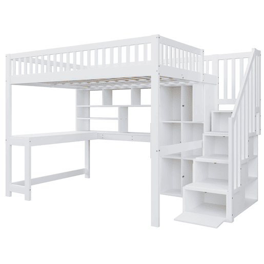 Cama alta 140x200 cm - Com LED, escada com estante, secretária, sem colchão - Branco