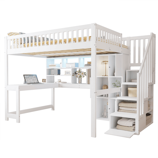 Cama alta 140x200 cm - Com LED, escada com estante, secretária, sem colchão - Branco