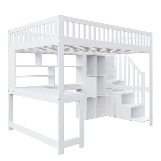 Cama alta 140x200 cm - Com LED, escada com estante, secretária, sem colchão - Branco
