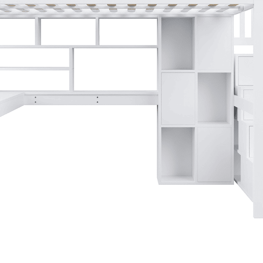 Cama alta 140x200 cm - Com LED, escada com estante, secretária, sem colchão - Branco