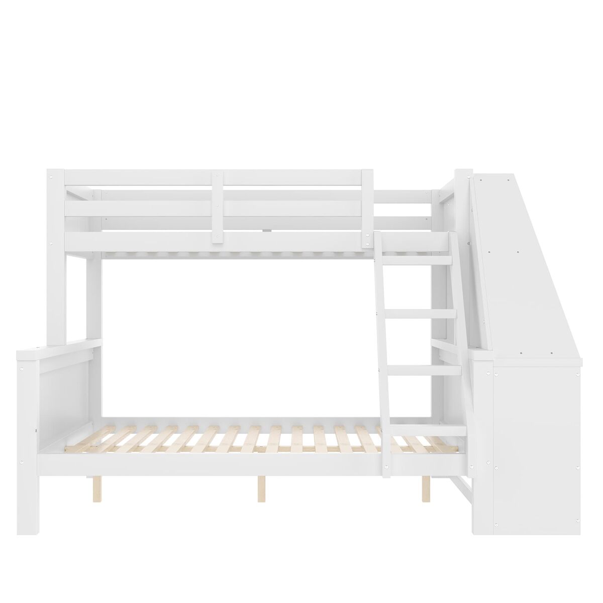 Cama litera 90x200 cm + 140x200 cm - con mesa, gran espacio de almacenamiento, barandilla alta, posición de escalera opcional - blanco