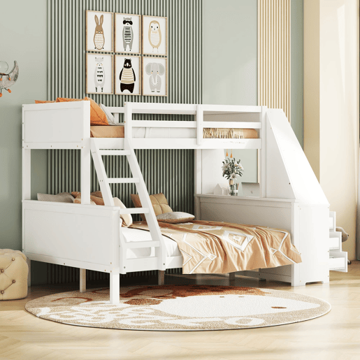 Beliche 90x200 cm + 140x200 cm - Com mesa, grande espaço de arrumação, grade alta, posição da escada opcional - Branco