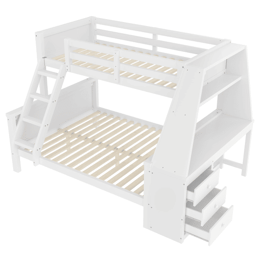 Beliche 90x200 cm + 140x200 cm - Com mesa, grande espaço de arrumação, grade alta, posição da escada opcional - Branco
