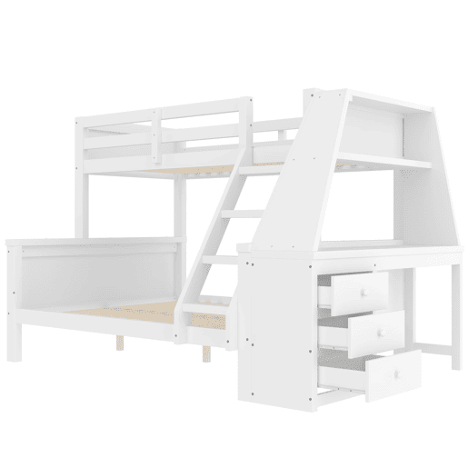 Beliche 90x200 cm + 140x200 cm - Com mesa, grande espaço de arrumação, grade alta, posição da escada opcional - Branco