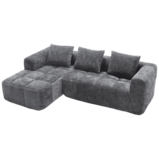 Sofá modular de 3 lugares - L-Sofa com chaise longue, 3 almofadas, bolso lateral - Cinza