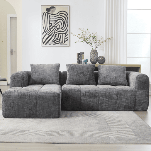 Sofá modular de 3 lugares - L-Sofa com chaise longue, 3 almofadas, bolso lateral - Cinza