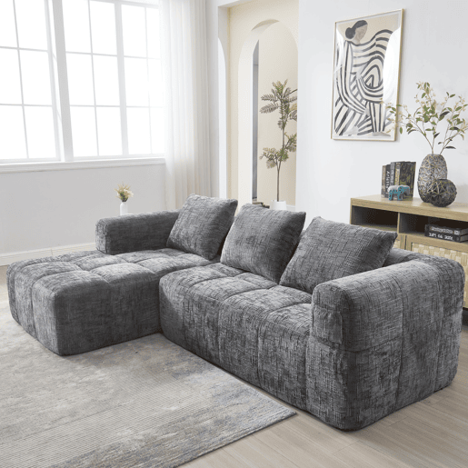 Sofá modular de 3 lugares - L-Sofa com chaise longue, 3 almofadas, bolso lateral - Cinza