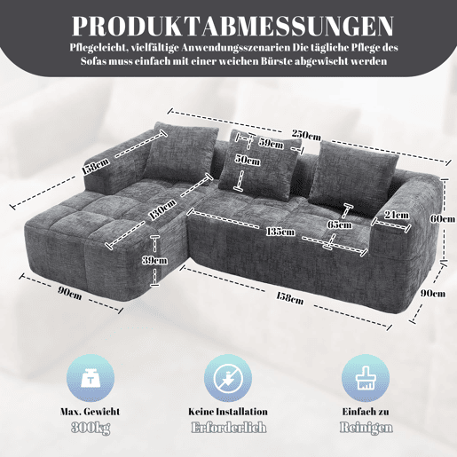 Sofá modular de 3 lugares - L-Sofa com chaise longue, 3 almofadas, bolso lateral - Cinza