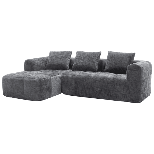 Sofá modular de 3 lugares - L-Sofa com chaise longue, 3 almofadas, bolso lateral - Cinza