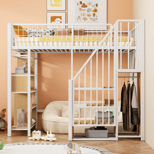 Cama alta multifuncional 90x200 cm - Com arrumação, prateleiras e escada - Branca