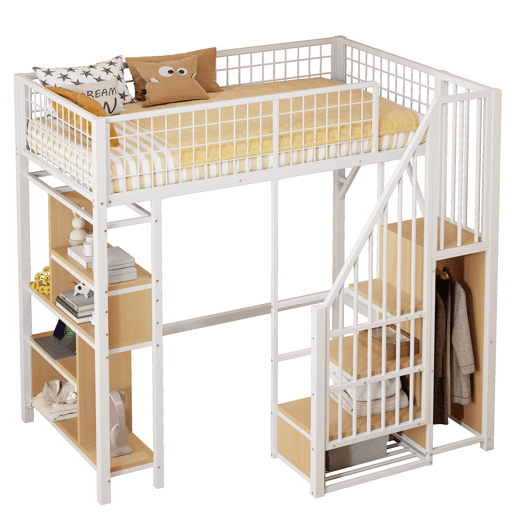 Cama alta multifuncional 90x200 cm - Com arrumação, prateleiras e escada - Branca