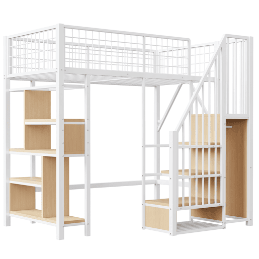 Cama alta multifuncional 90x200 cm - Com arrumação, prateleiras e escada - Branca