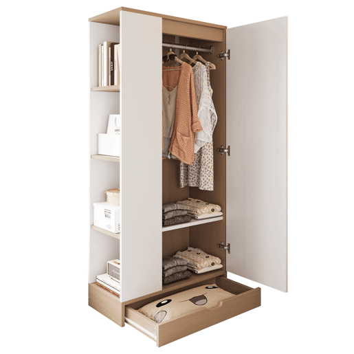 Armário roupeiro 70x40x170 cm - 1 porta com prateleiras e gavetas - Natural+Branco Armário roupeiro 70x40x170 cm - 1 porta com prateleiras e gavetas - Natural+Branco