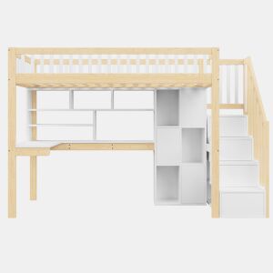 Cama alta 90x200 cm - LED, escada com prateleiras, secretária e arrumação - BrancoNatural