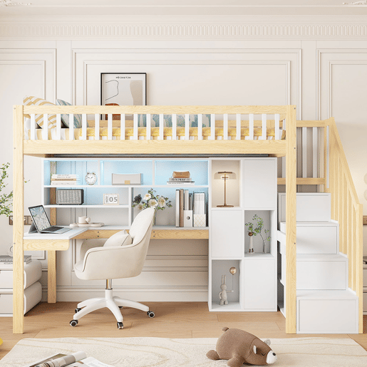 Cama alta 90x200 cm - LED, escada com prateleiras, secretária e arrumação - BrancoNatural