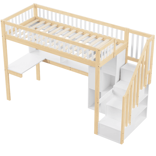 Cama alta 90x200 cm - LED, escada com prateleiras, secretária e arrumação - BrancoNatural